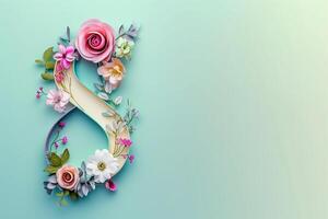 AI generated Number 8 made of flowers and leaves on blue background with copy space, woman day concept photo