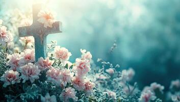 AI generated A serene scene of a cross amidst blooming flowers under soft light. Christian symbols. photo