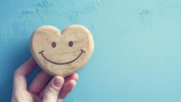 AI generated Wooden heart with smiley face on blue background with copy space photo