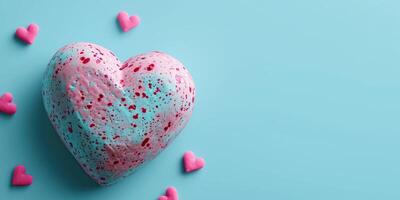 AI generated Speckled heart surrounded by smaller hearts on a teal background. Valentines day concept photo