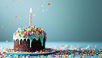 AI generated Birthday cake with candle and colorful sprinkles on a blue background photo