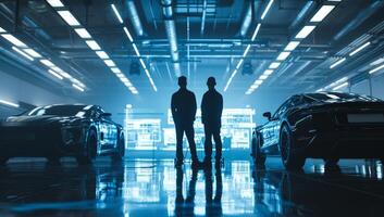 AI generated Two men standing in front of a car in a car showroom photo