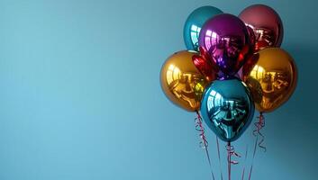 AI generated Colorful balloons on blue background with copy space photo