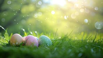 AI generated Colorful Easter eggs nestled in green grass under the bright sunlight photo