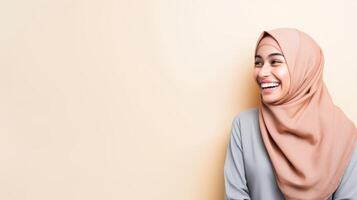 AI generated Hijab woman with happy expression over beige wall background. photo