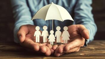 AI generated Insurance agent protecting family with umbrella. Concept of protecting family. photo