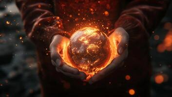 AI generated Close up of woman hands holding planet earth in fire. photo