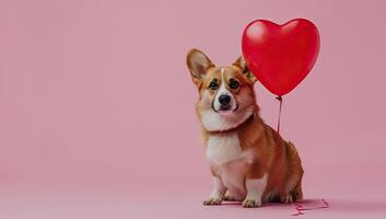 ai generado linda corgi perro con rojo corazón globo en rosado antecedentes foto