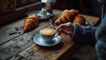 AI generated Hand reaching for warm coffee beside croissants on wooden table photo