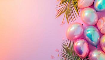 AI generated Holiday background with pink and blue balloons, palm leaves photo