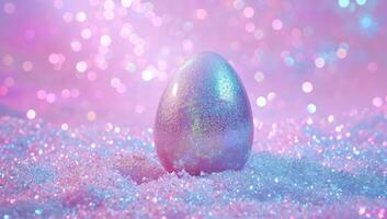 ai generado Pascua de Resurrección huevo brillante en Nevado paisaje en contra rosado fondo foto