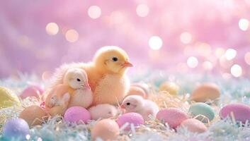 AI generated Easter background with easter eggs, chicks and bokeh photo