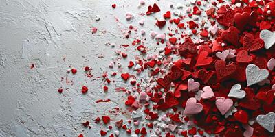 AI generated Red and white hearts confetti on white background. Valentines day background photo