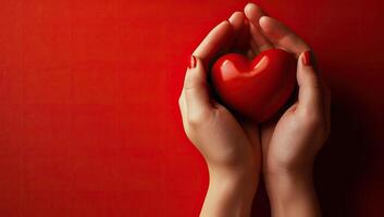 AI generated Female hands holding a red heart on a red background with copy space photo