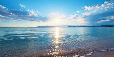 AI generated Sunset illuminating a calm sea with a sandy shore under a partly cloudy sky photo