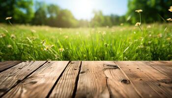 AI generated Wooden floor in the meadow with daisies in summer photo