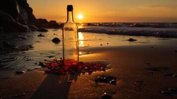 ai generado sereno playa puesta de sol con botella foto