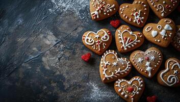 ai generado Navidad pan de jengibre galletas en el forma de un corazón en oscuro antecedentes foto