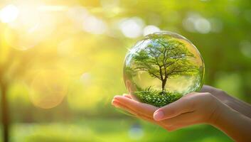 AI generated Hand holding glass globe with tree inside on blurred green nature background. photo