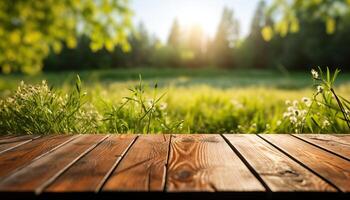 AI generated Wooden table in front of green meadow with grass and sun flare photo