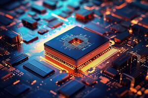 AI generated A close up view of a glowing CPU on a motherboard photo