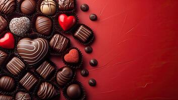 AI generated Valentine's day background with chocolate candies on red background photo