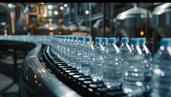 AI generated Water bottles on production line in modern plant photo