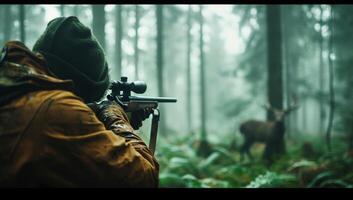 AI generated Hunter aiming at deer in misty forest photo