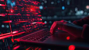 AI generated Close up of hacker hands typing on laptop keyboard at night in dark room photo