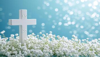 AI generated Cross with white gypsophila flowers on blue bokeh background photo