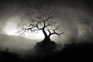 Silhouette of scary Halloween tree on dark foggy toned background with moon on back side. photo