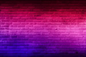 Neon light on brick walls that are not plastered background and texture. Lighting effect red and blue neon background of empty brick basement wall. photo