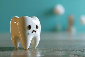 AI generated Volumetric illustration of a crying tooth with a tear in a cartoon style with an emotion of sadness, fear and a tear on blue background photo