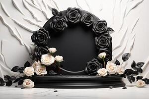 AI generated display podium with black and white roses flowers frame, template for montage or product advertising presentation photo