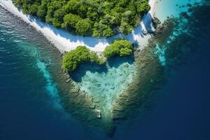 ai generado corazón conformado laguna en un paraíso tropical isla en mar, aéreo ver foto