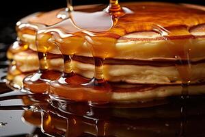 AI generated closeup tasty desert of a delicious stack of pancakes topped with sweet golden honey photo