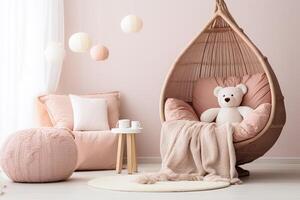 AI generated Place to relax in light pink colors with wicker and soft armchairs, table, cushions, plaid, ottoman and teddy bear photo