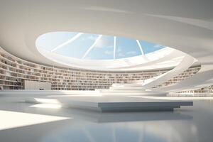 ai generado futurista diseño de un grande biblioteca salón con un grande panorámico ventana en un techo foto