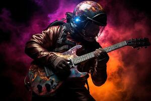 AI generated astronaut in a spacesuit and helmet plays the electric guitar with bright purple and orange smoke on background photo