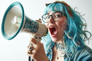 AI generated Blue haired young woman in a decorated denim jacket shouts angrily into a loudspeaker photo