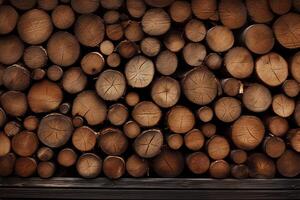 AI generated Background of many stacked cut tree logs, natural wooden trunks texture photo