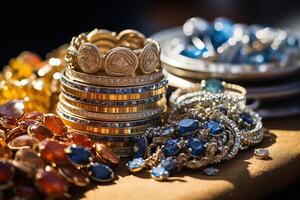 AI generated closeup of many golden jewelry and accessories with gemstones on street market photo