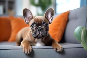 AI generated Cute brown french bulldog lies on soft gray sofa on blurred living room background photo