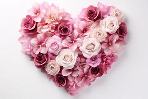 AI generated heart made of different pink flowers on white background top view, romantic valentines day design photo