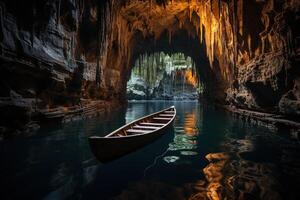 AI generated Scenic view of blue natural river with a boat in it in deep cave with stalactites photo