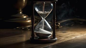 AI generated Closeup of an hourglass with sand pouring down on a dark gloomy background photo