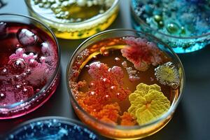 AI generated closeup of petri dishes with overgrown cultures of various microorganisms and bacteria on grey table photo