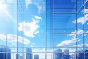 AI generated Illustration of windows of a modern skyscraper reflecting a cloudy sky and building on a bright day photo