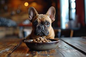 ai generado adorable francés buldog sentado siguiente a un cuenco de comida foto