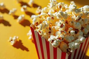 ai generado de cerca a rayas papel caja lleno con delicioso palomitas de maiz en un amarillo antecedentes foto